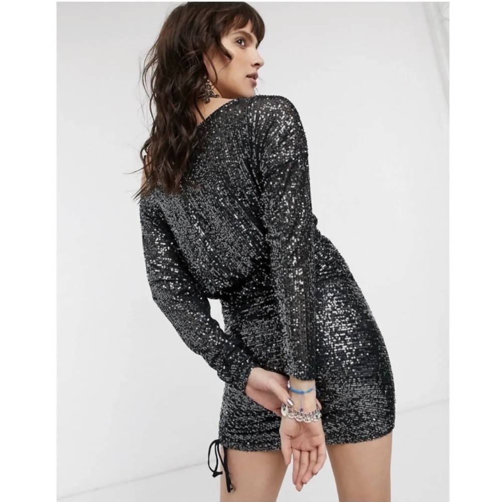 NWT Free People Gisele Sequin Long Sleeve Mini Dress XS Graphite